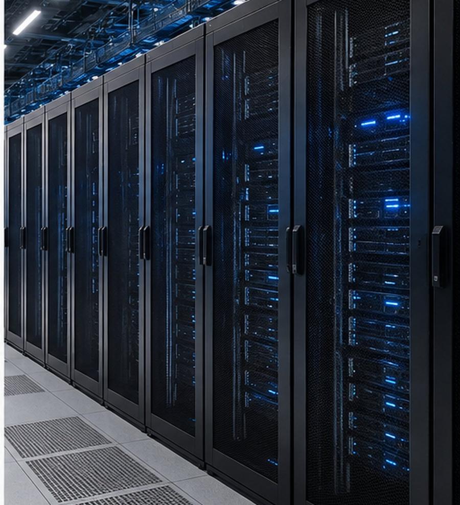 Row of server racks in a data hall