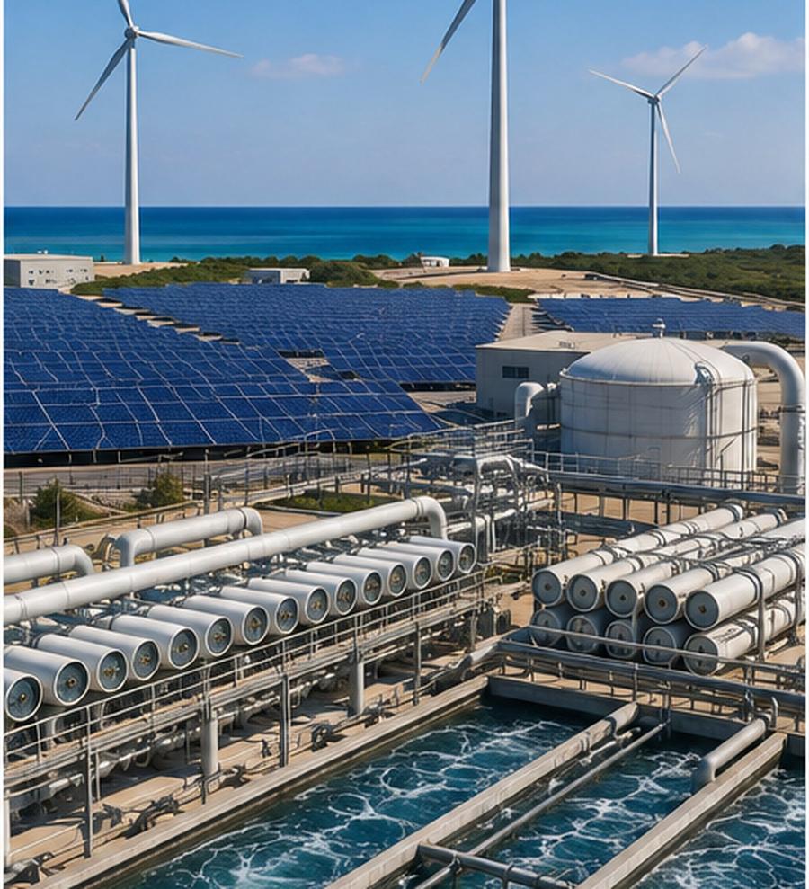 Desalination plant with solar field and wind turbines